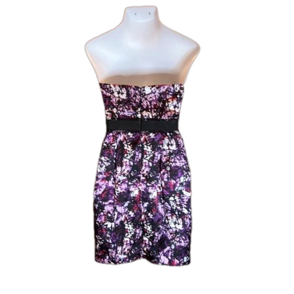MAX & CLEO Purple & Black "Satiny" Print Strapless Dress Size 8 - Picture 3 of 7